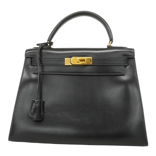 HERMES Kelly 28 Box Calf Handbag Black Circle R (1988)