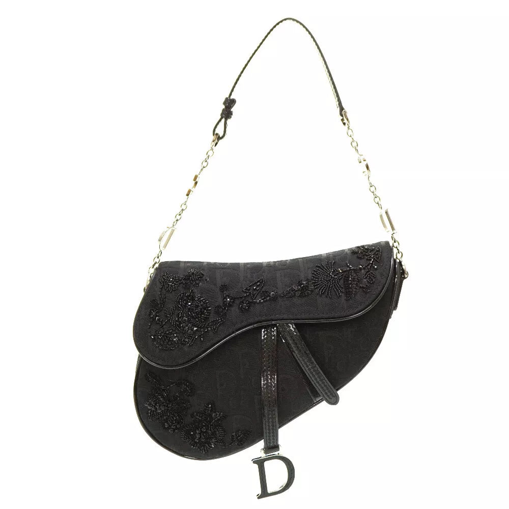 Dior Saddle Trotter Beaded Spun Coats Shoulder Bag – Black Canvas