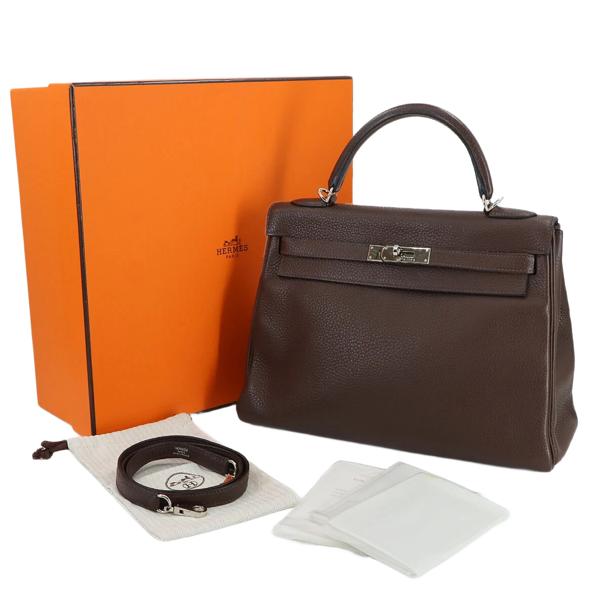 HERMES Kelly 32 Hand Shoulder Bag Taurillon Clemence Cacao Purse