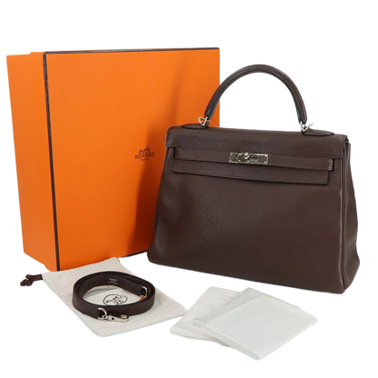 HERMES Kelly 32 Hand Shoulder Bag Taurillon Clemence Cacao Purse
