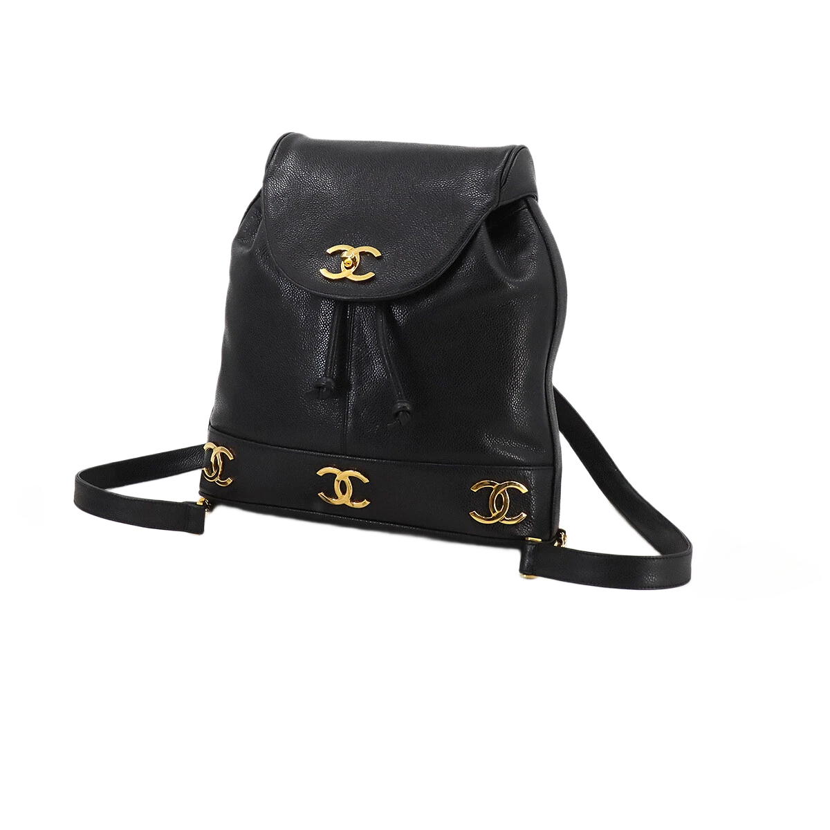 CHANEL Triple Coco Chain Backpack Caviar Skin Leather Black Purse
