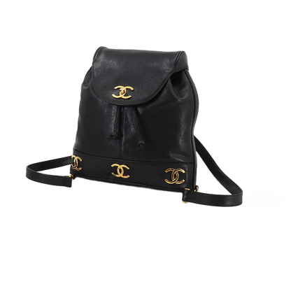 CHANEL Triple Coco Chain Backpack Caviar Skin Leather Black Purse