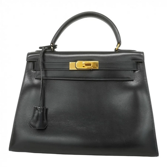 HERMES Kelly 28 Box Calf Handbag Black Circle R (1988)