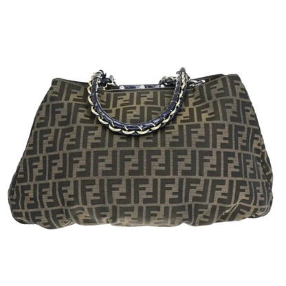 FENDI Zucca Pattern Chain Shoulder Tote Bag – Brown Canvas/Patent Leather