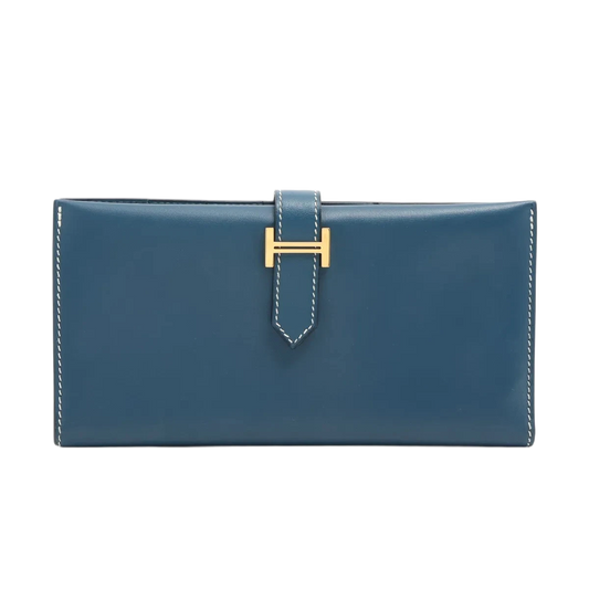 Hermès Bearn Box Calf Long Wallet Blue Gold Metal Fittings G Stamp 2003