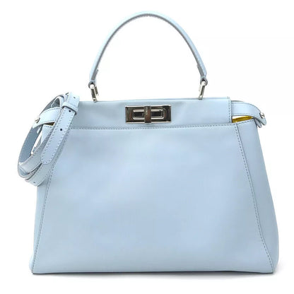 Auth FENDI Peekaboo Shoulder Bag Light Blue Leather/Silvertone