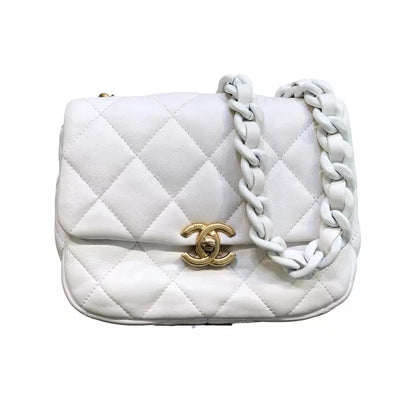 Auth CHANEL Mini Flap Shoulder Bag In White Lambskin