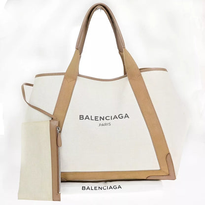 BALENCIAGA Logo Navy Cabas Shoulder Tote Bag – Ivory Brown Canvas/Leather