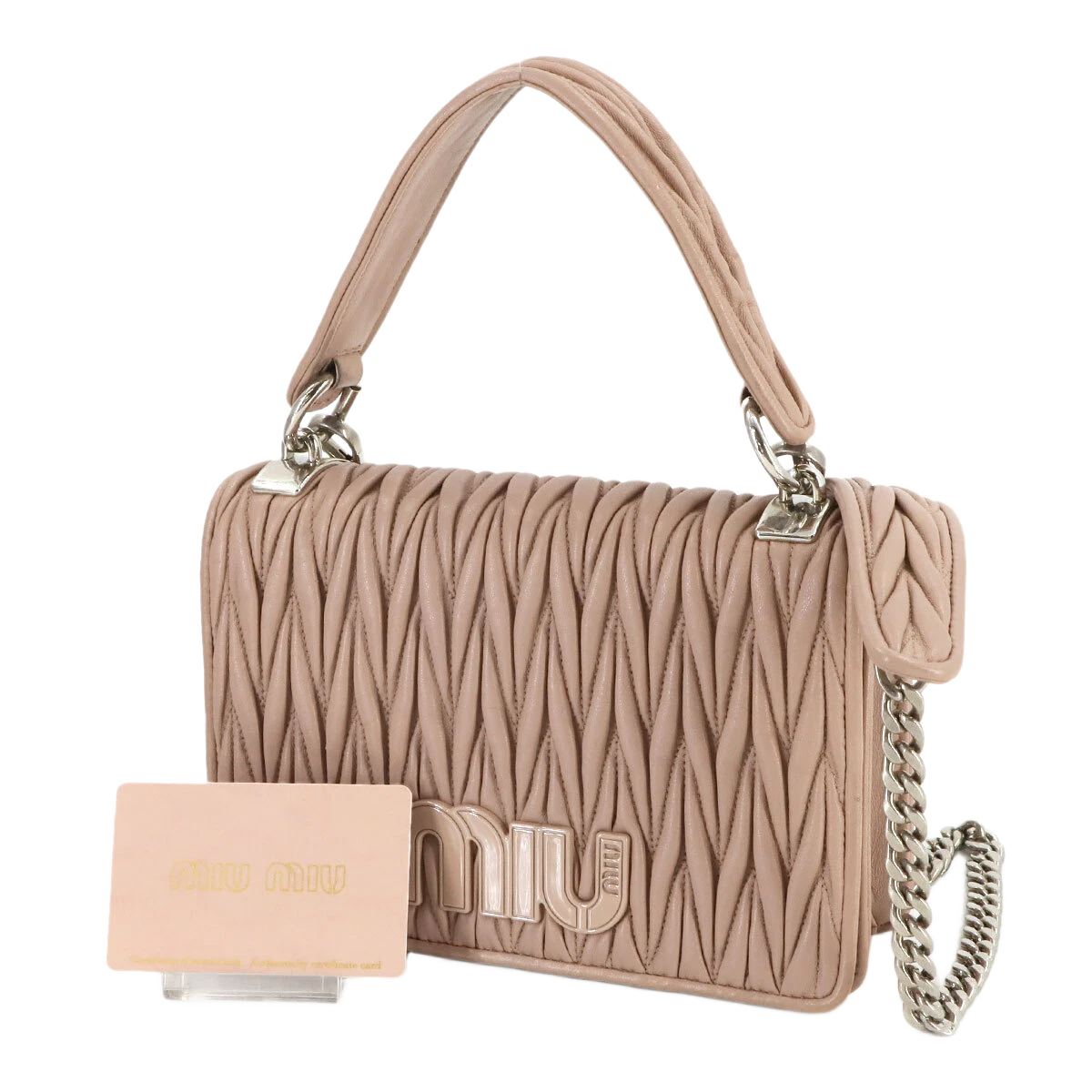 MIUMIU Matelasse Hand Chain Shoulder Bag Leather Pink Beige