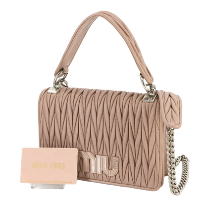 MIUMIU Matelasse Hand Chain Shoulder Bag Leather Pink Beige