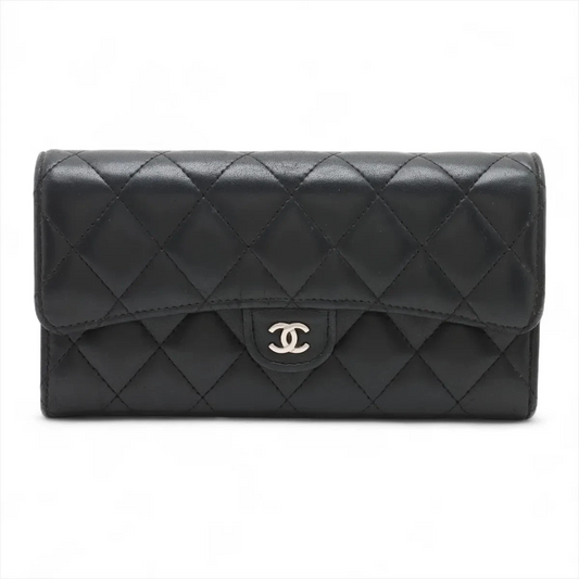 Chanel Matelasse Lambskin Long Wallet Black Silver Metal Fittings