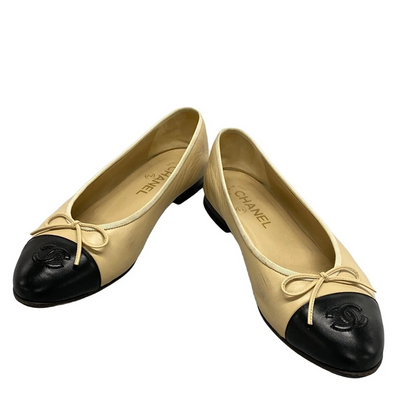CHANEL Beige Black Lambskin Women's Shoes
