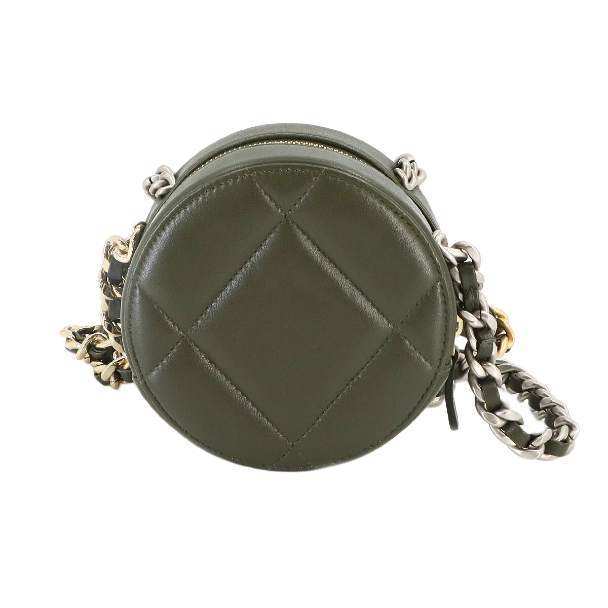CHANEL 19 Round Clutch Chain Shoulder Bag Leather Khaki Purse