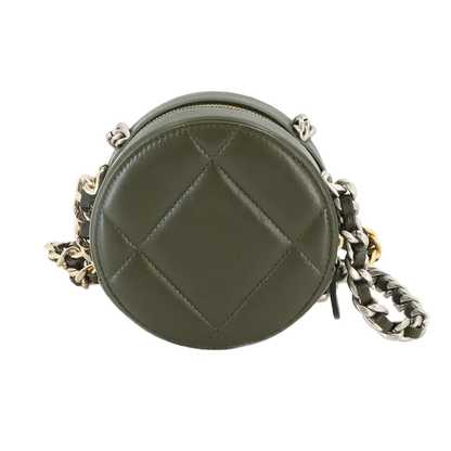 CHANEL 19 Round Clutch Chain Shoulder Bag Leather Khaki Purse