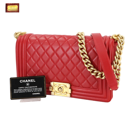 CHANEL BOY CHANEL Chain Shoulder Bag Leather Red Purse