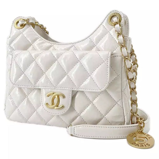 Authentic CHANEL Hobo Chain Shoulder Bag in White Shiny Calf Leather