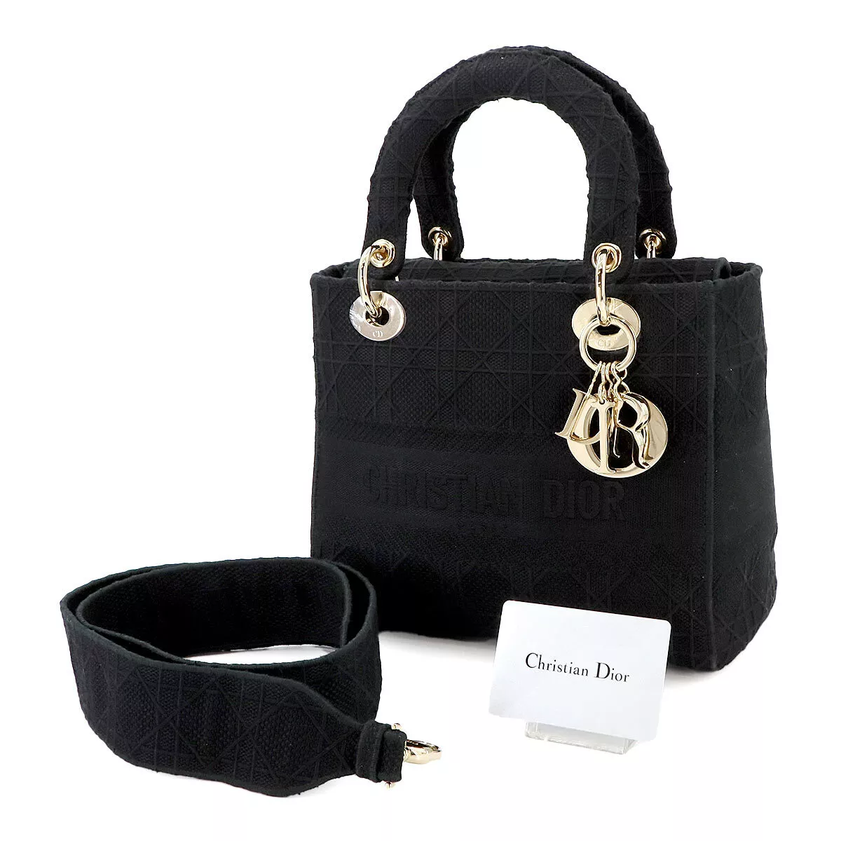 Christian Dior Lady D-Lite Medium Hand Shoulder Bag Canvas Black