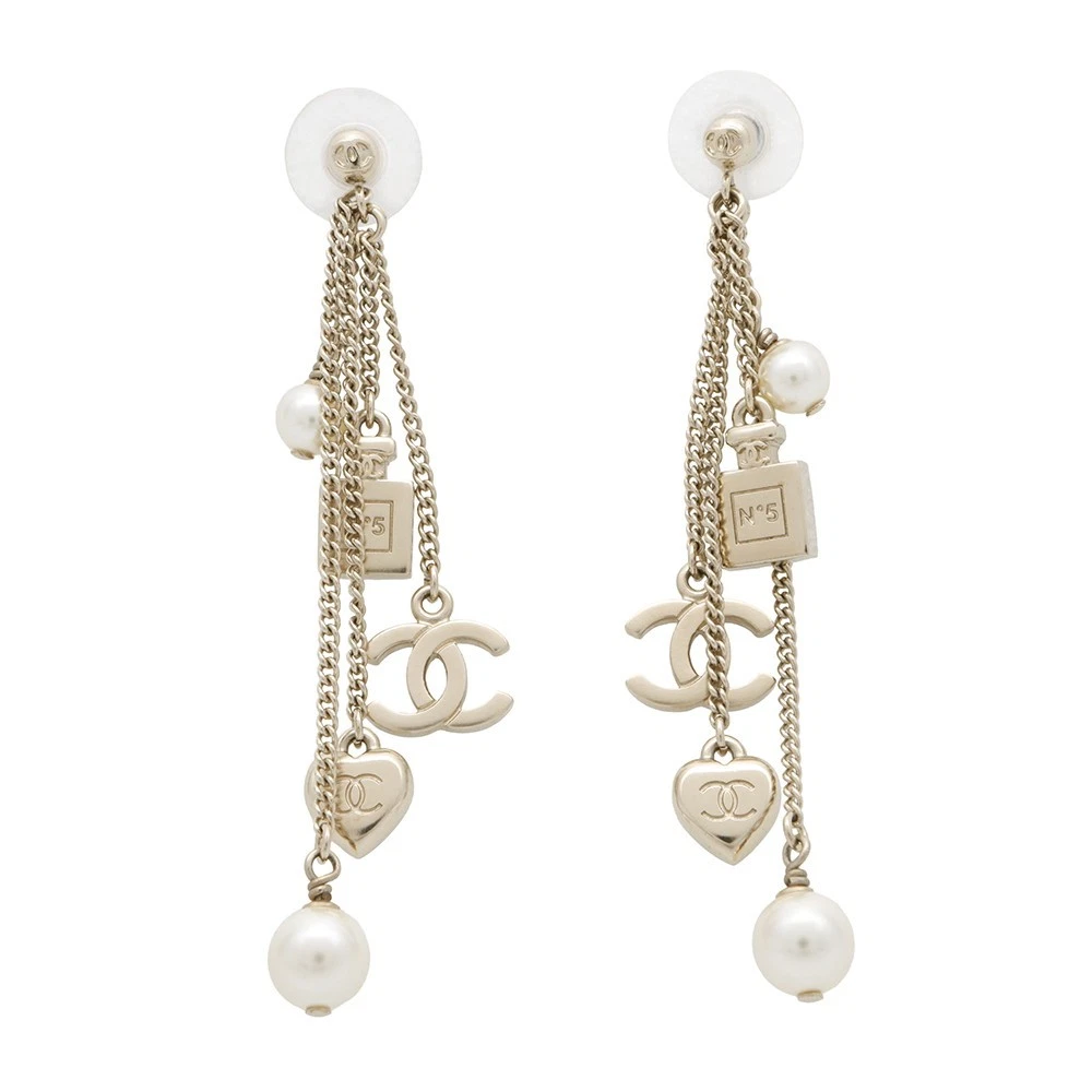 CHANEL CC Logo Perfume Bottle Heart Pearl Earrings Metal Faux Pearl Gold