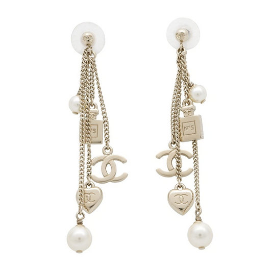 CHANEL CC Logo Perfume Bottle Heart Pearl Earrings Metal Faux Pearl Gold