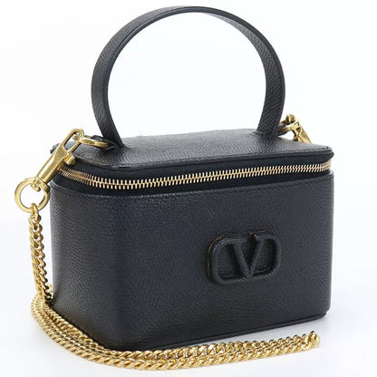 Auth VALENTINO Vanity Bag In Black Calfskin