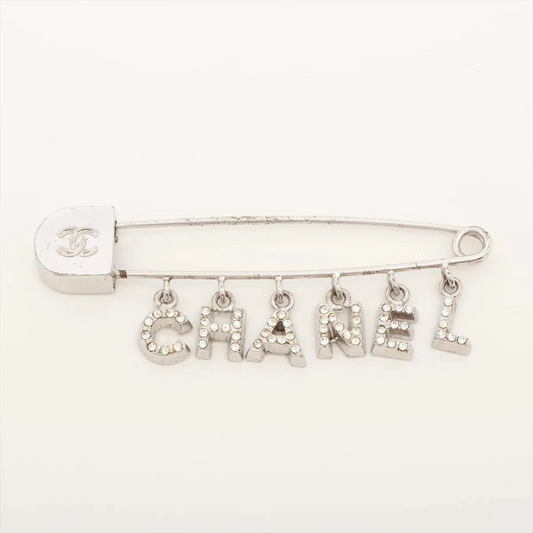 Chanel Logo Brooch GP×Rhinestone Silver 01P
