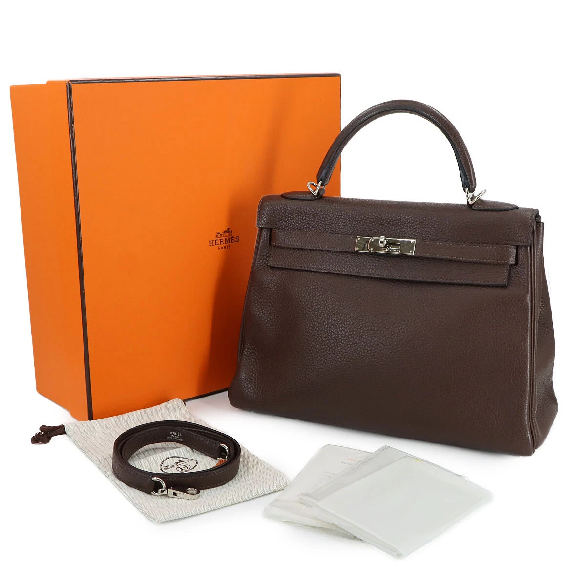 HERMES Kelly 32 Hand Shoulder Bag Taurillon Clemence Cacao Purse