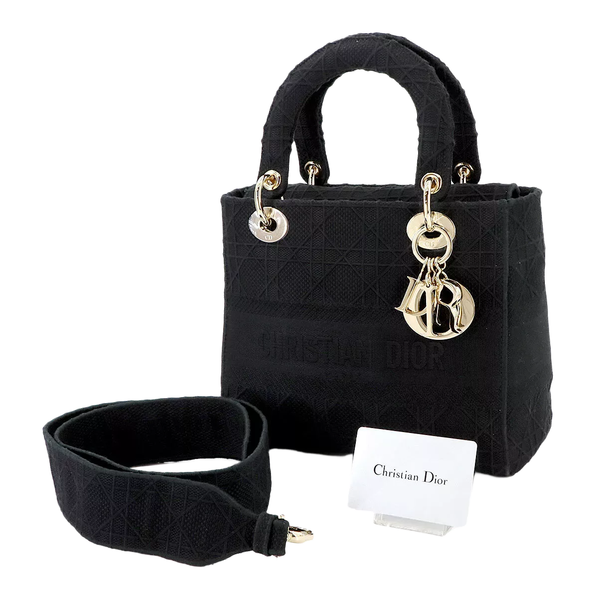 Christian Dior Lady D-Lite Medium Hand Shoulder Bag Canvas Black