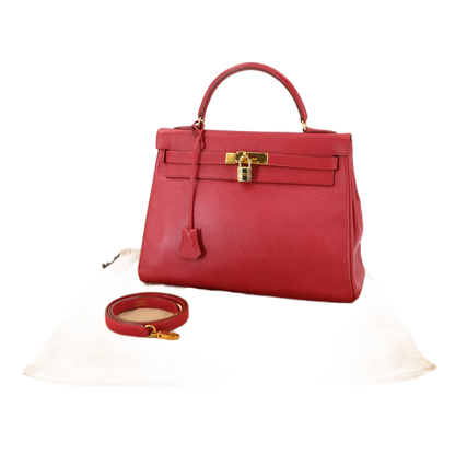 HERMES Kelly 32 2-Way Hand Shoulder Bag Couchevel Epsom Rouge Vif Purse