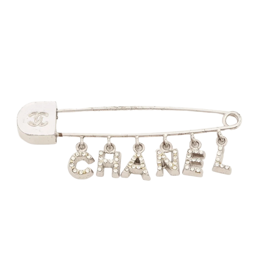 Chanel Logo Brooch GP×Rhinestone Silver 01P
