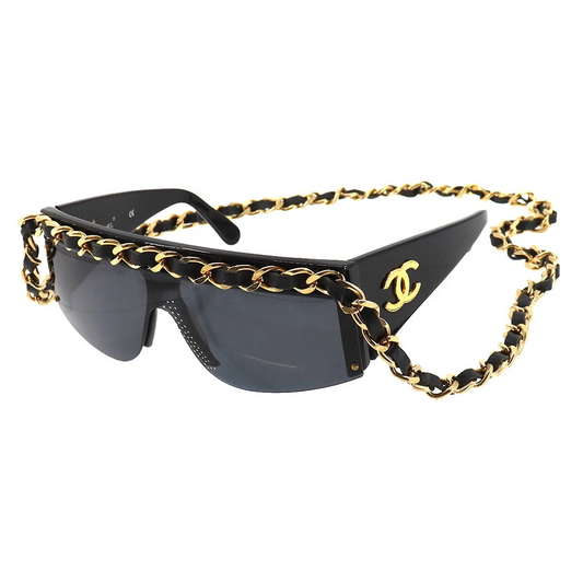 CHANEL Chain Sunglasses Eye Wear Black Gold Gray Accessory