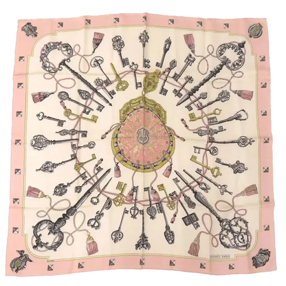HERMES Carre90 LES CLES Key Pattern Scarf – Pink/Creme Silk