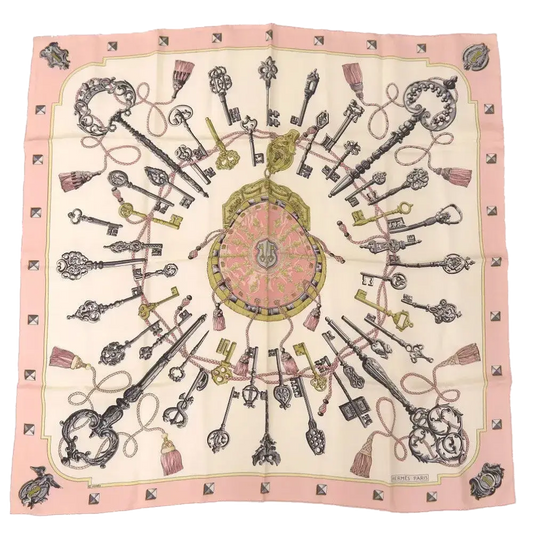 HERMES Carre90 LES CLES Key Pattern Scarf – Pink/Creme Silk