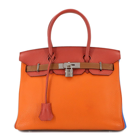 HERMES Birkin 30 Arlequin Hand Bag Taurillon Clemence Orange Etain