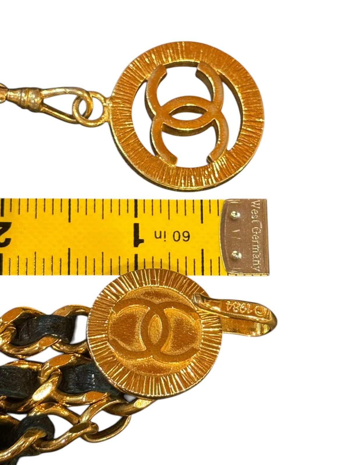 Chanel CC Logo Chain Belt in Gold with Navy Leather