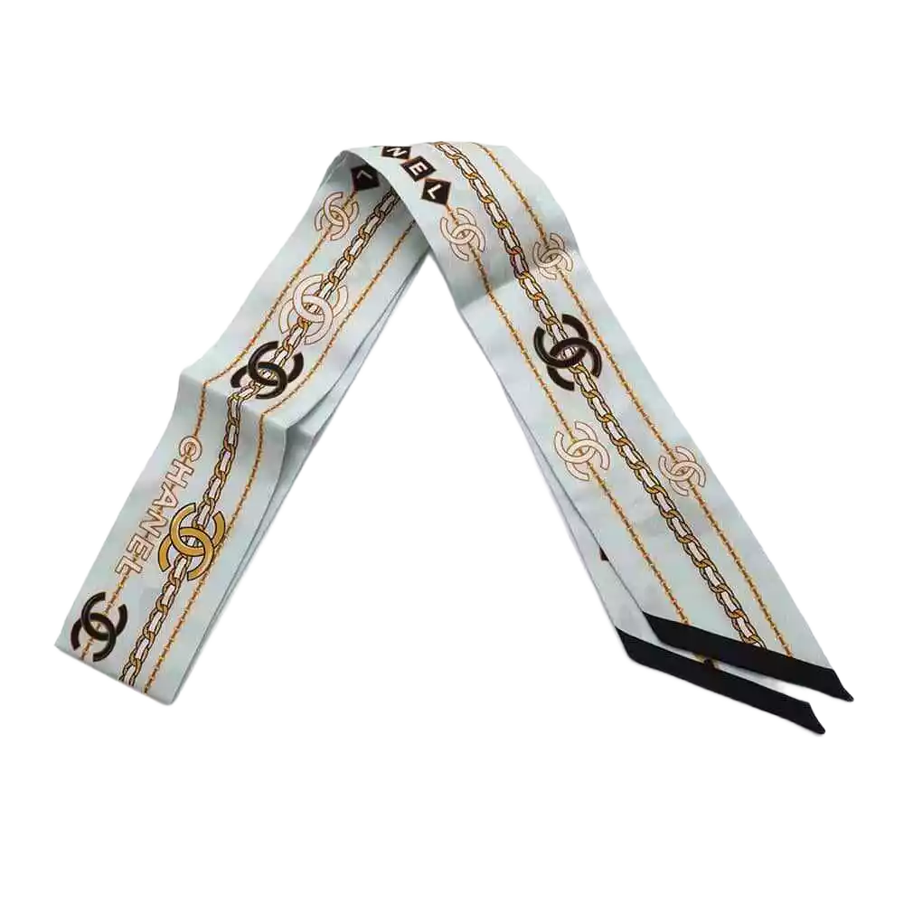 CHANEL CC Logo Camellia Chain Motif Scarf 100% Silk Blue