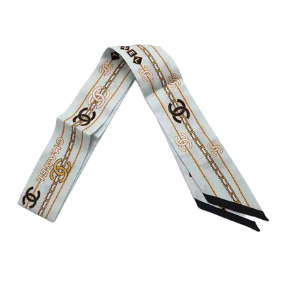 CHANEL CC Logo Camellia Chain Motif Scarf 100% Silk Blue