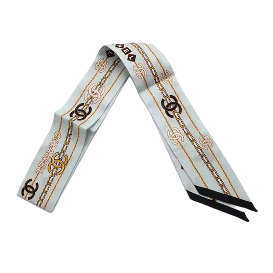 CHANEL CC Logo Camellia Chain Motif Scarf 100% Silk Blue