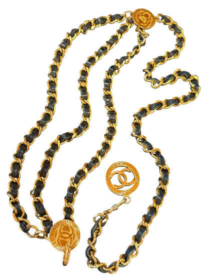 Chanel CC Logo Chain Belt in Gold with Navy Leather