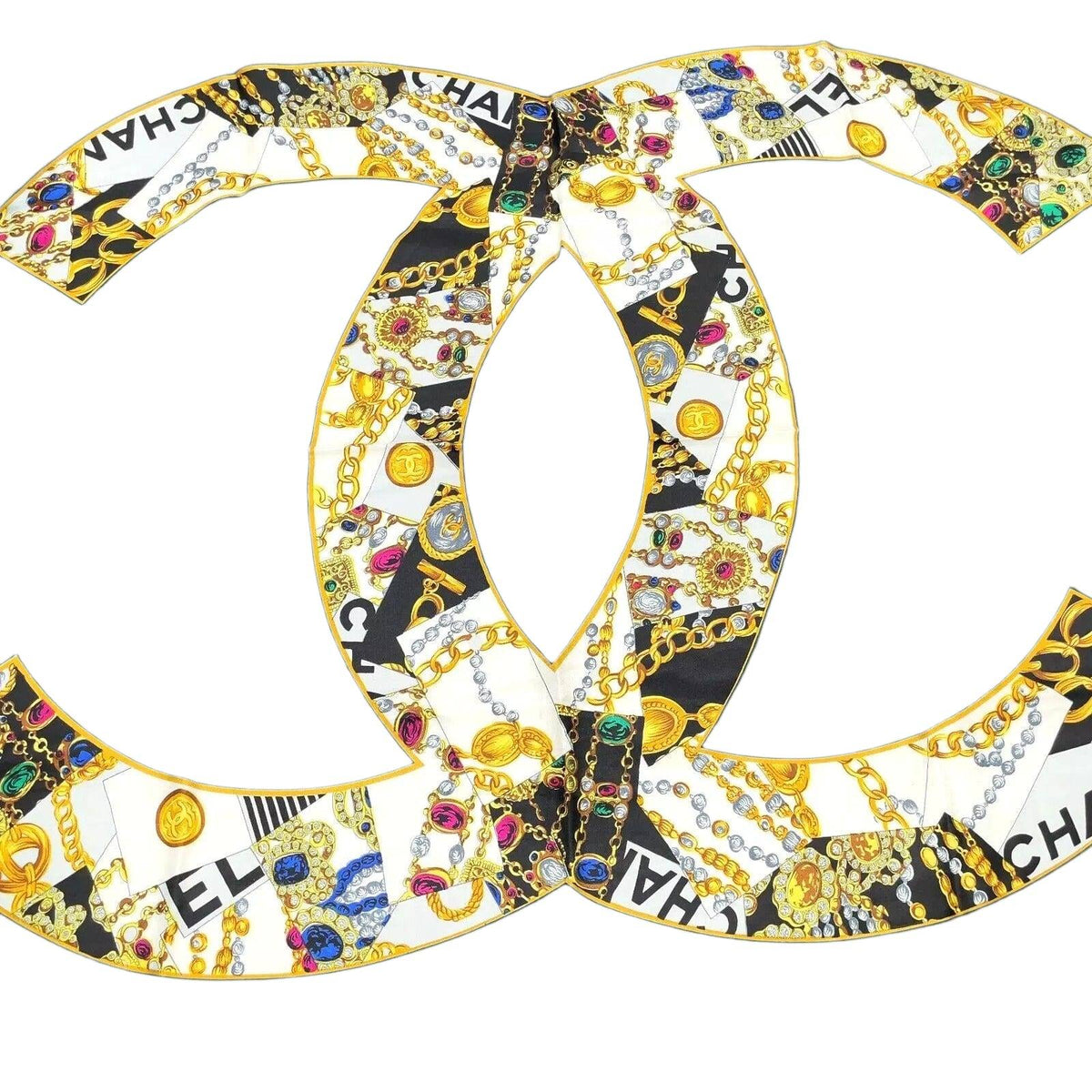 Chanel Coco Mark Green Multicolor Silk Scarf