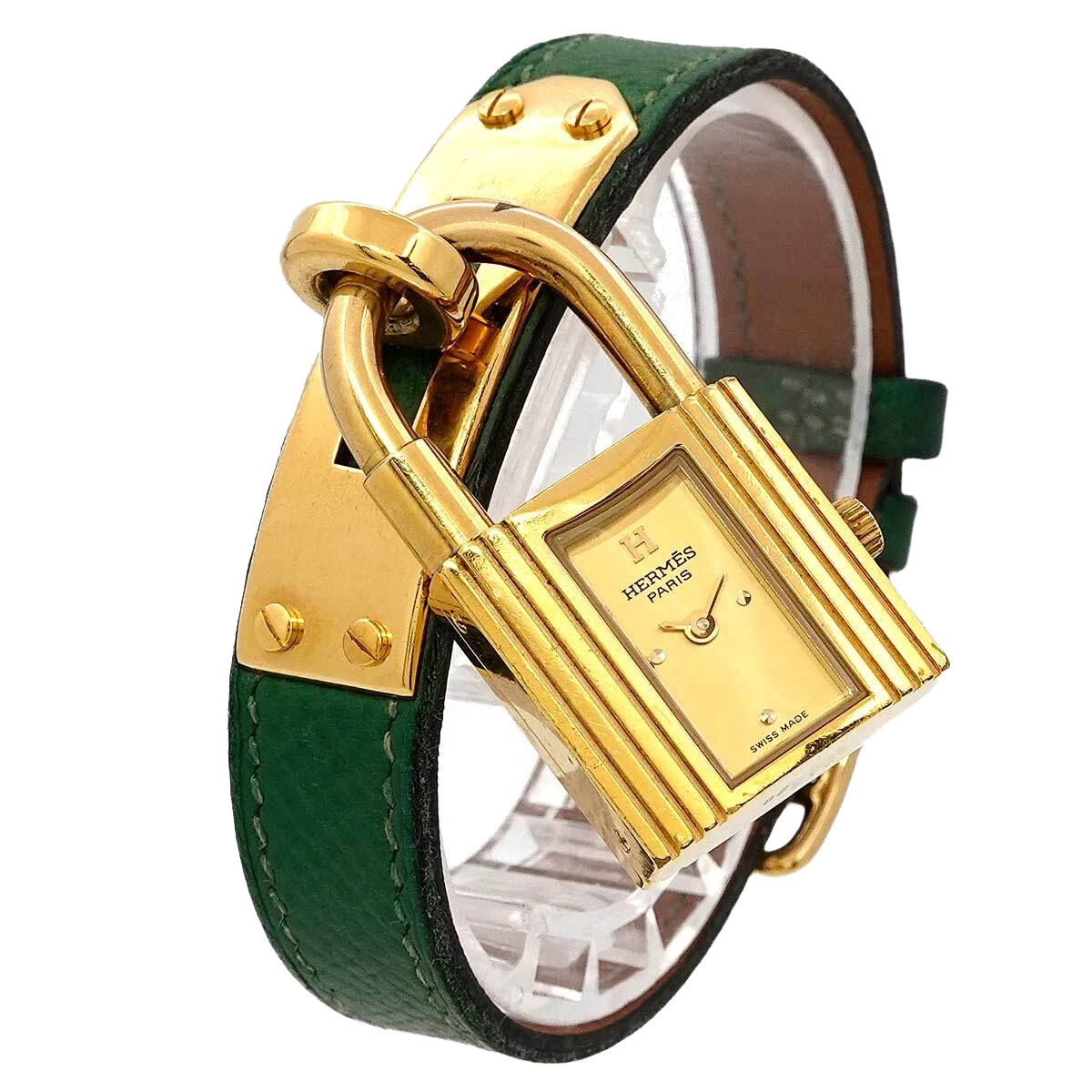 HERMES Kelly Watches Quartz Gold Dial Green Vintage Cadena Ladies Watch