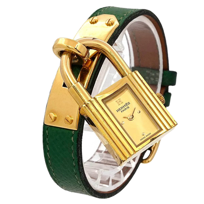 HERMES Kelly Watches Quartz Gold Dial Green Vintage Cadena Ladies Watch