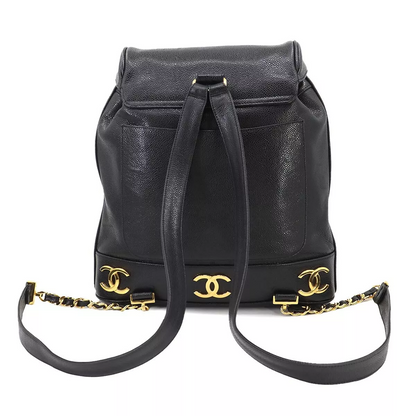 CHANEL Triple Coco Chain Backpack Caviar Skin Leather Black Purse