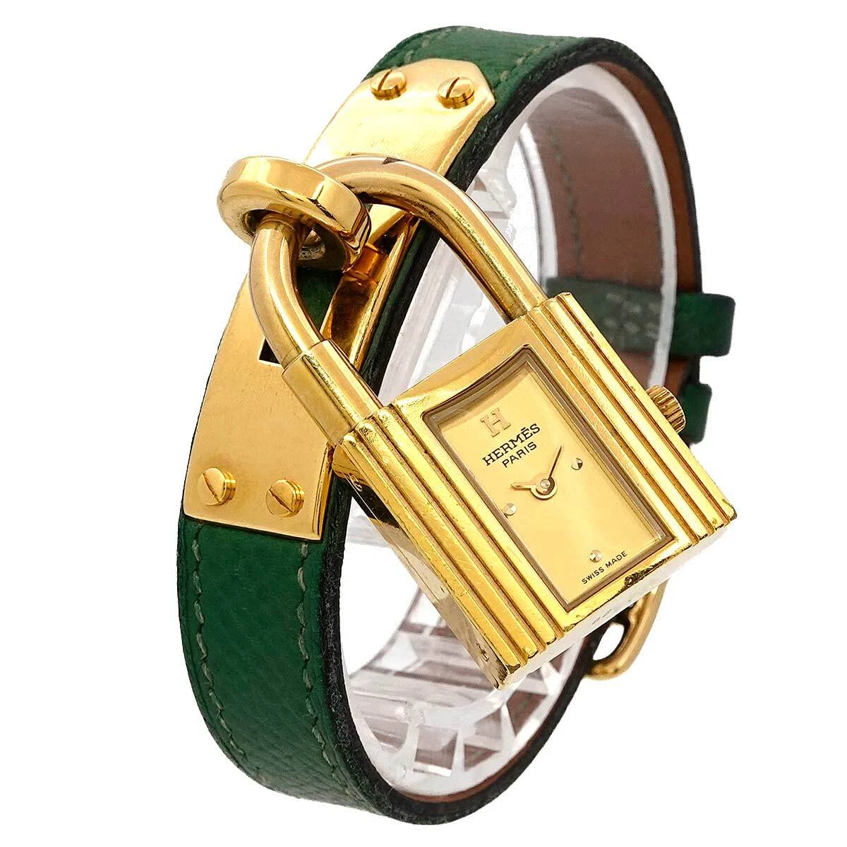 HERMES Kelly Watches Quartz Gold Dial Green Vintage Cadena Ladies Watch