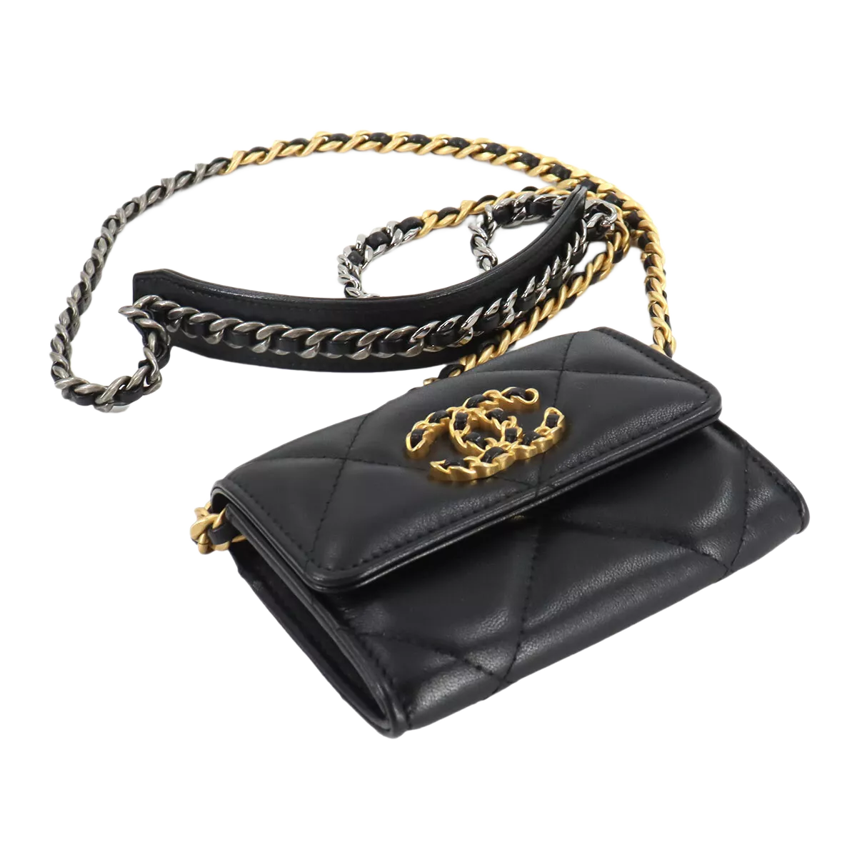 CHANEL 19 Flap Coin Purse Chain Coin Case Leather Black
