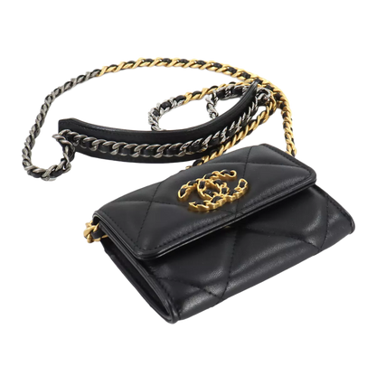 CHANEL 19 Flap Coin Purse Chain Coin Case Leather Black