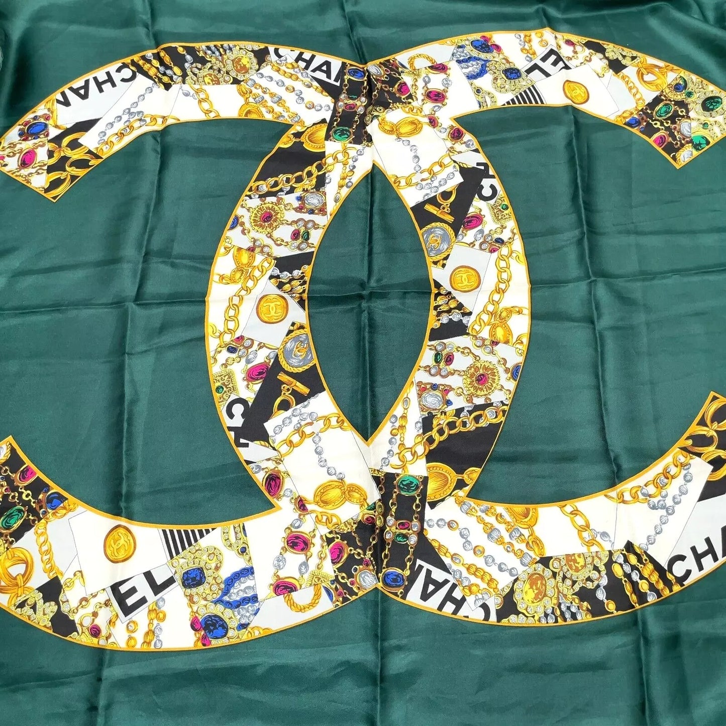 Chanel Coco Mark Green Multicolor Silk Scarf