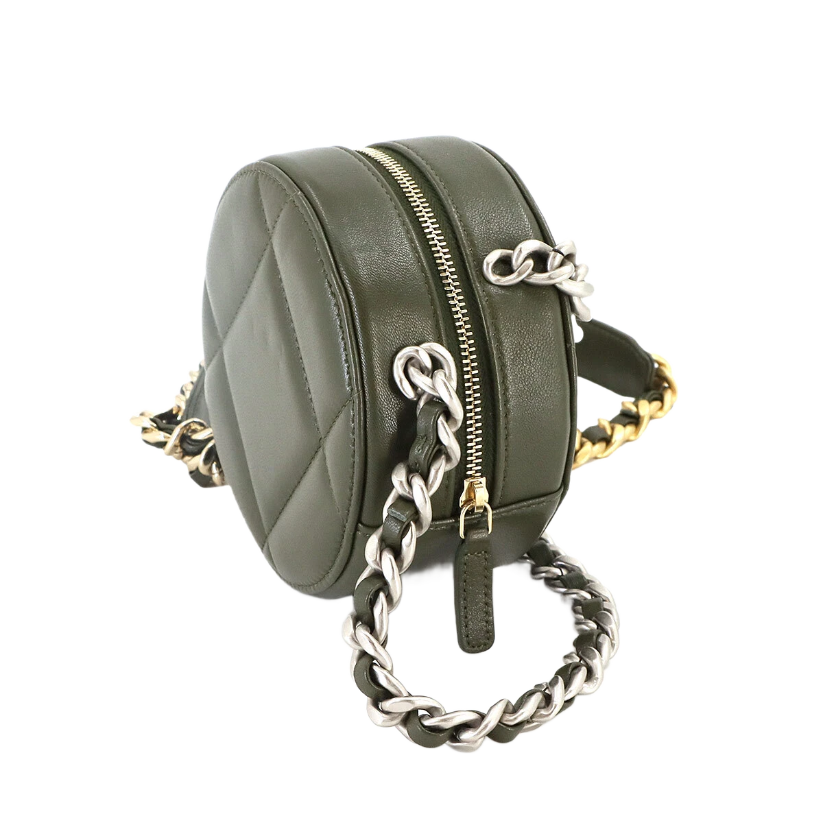 CHANEL 19 Round Clutch Chain Shoulder Bag Leather Khaki Purse