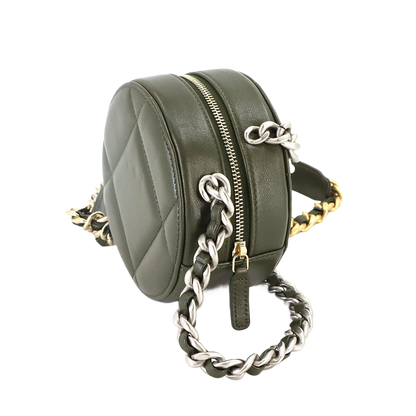 CHANEL 19 Round Clutch Chain Shoulder Bag Leather Khaki Purse