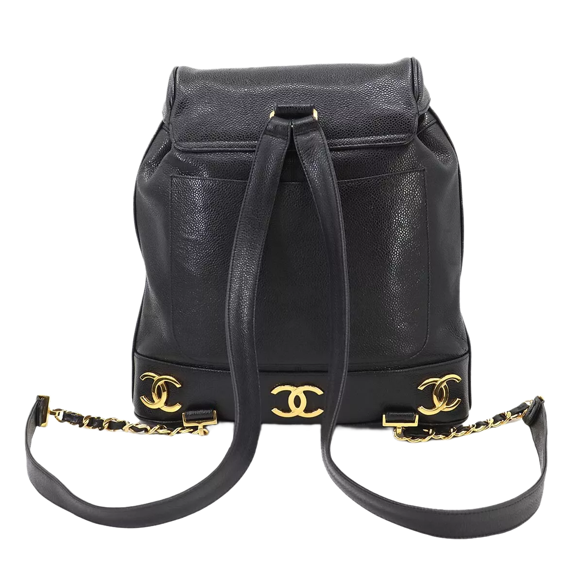 CHANEL Triple Coco Chain Backpack Caviar Skin Leather Black Purse