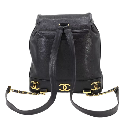 CHANEL Triple Coco Chain Backpack Caviar Skin Leather Black Purse